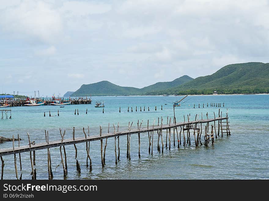 Wooden bridge to the sea,Thailand