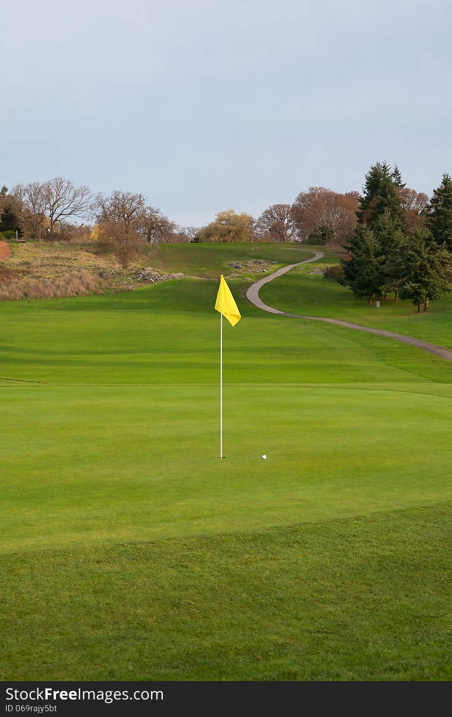 A golf ball lands next to a yellow flag on the green with fairway and cart path in the background leading uphill to an elevated tee box. A golf ball lands next to a yellow flag on the green with fairway and cart path in the background leading uphill to an elevated tee box.