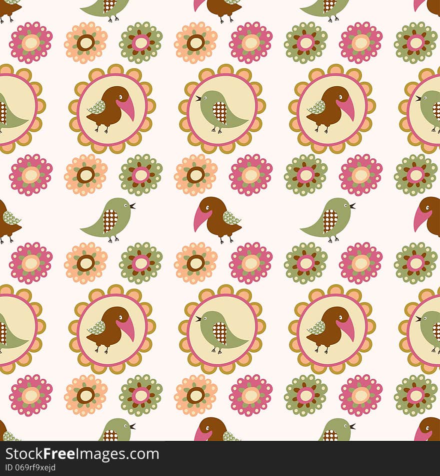 Seamless background with flowers and birds in the