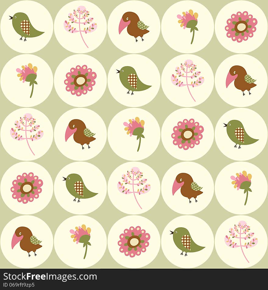 Seamless background with birds and flowers in circ