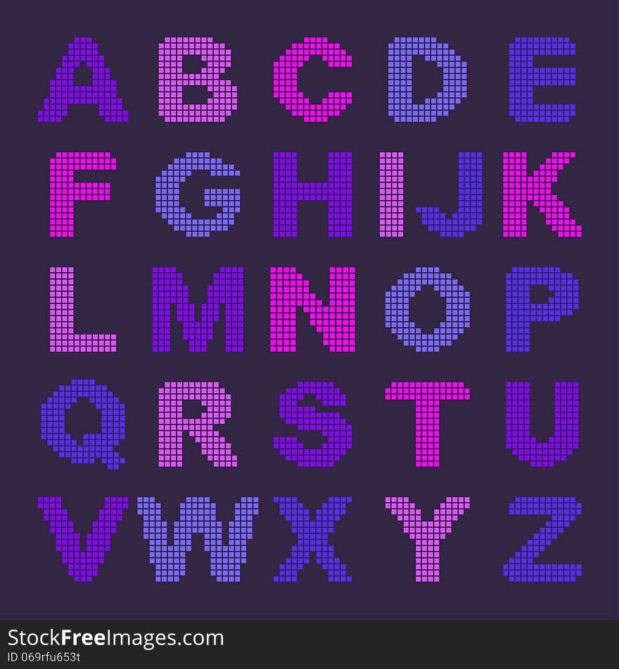 Pixel alphabet with colored letters