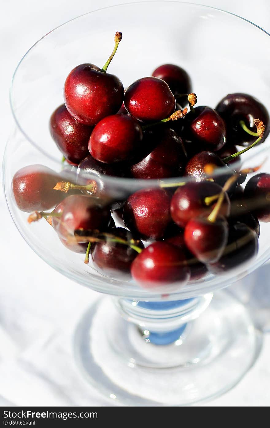 Side and top view of glass bowl of red cherries. Side and top view of glass bowl of red cherries.