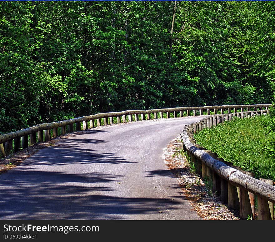 Gravel road in the woods with a small barrier wall