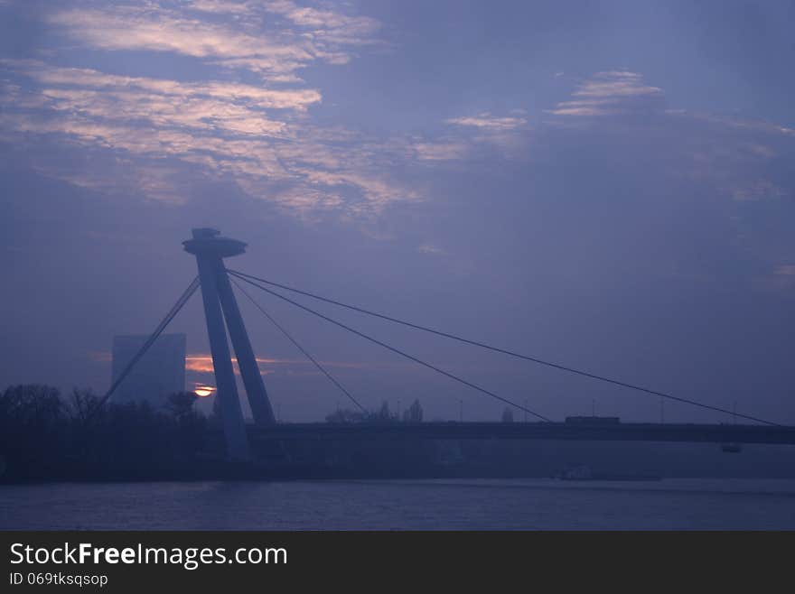 New bridge in bratislava beautiful setting sun. New bridge in bratislava beautiful setting sun