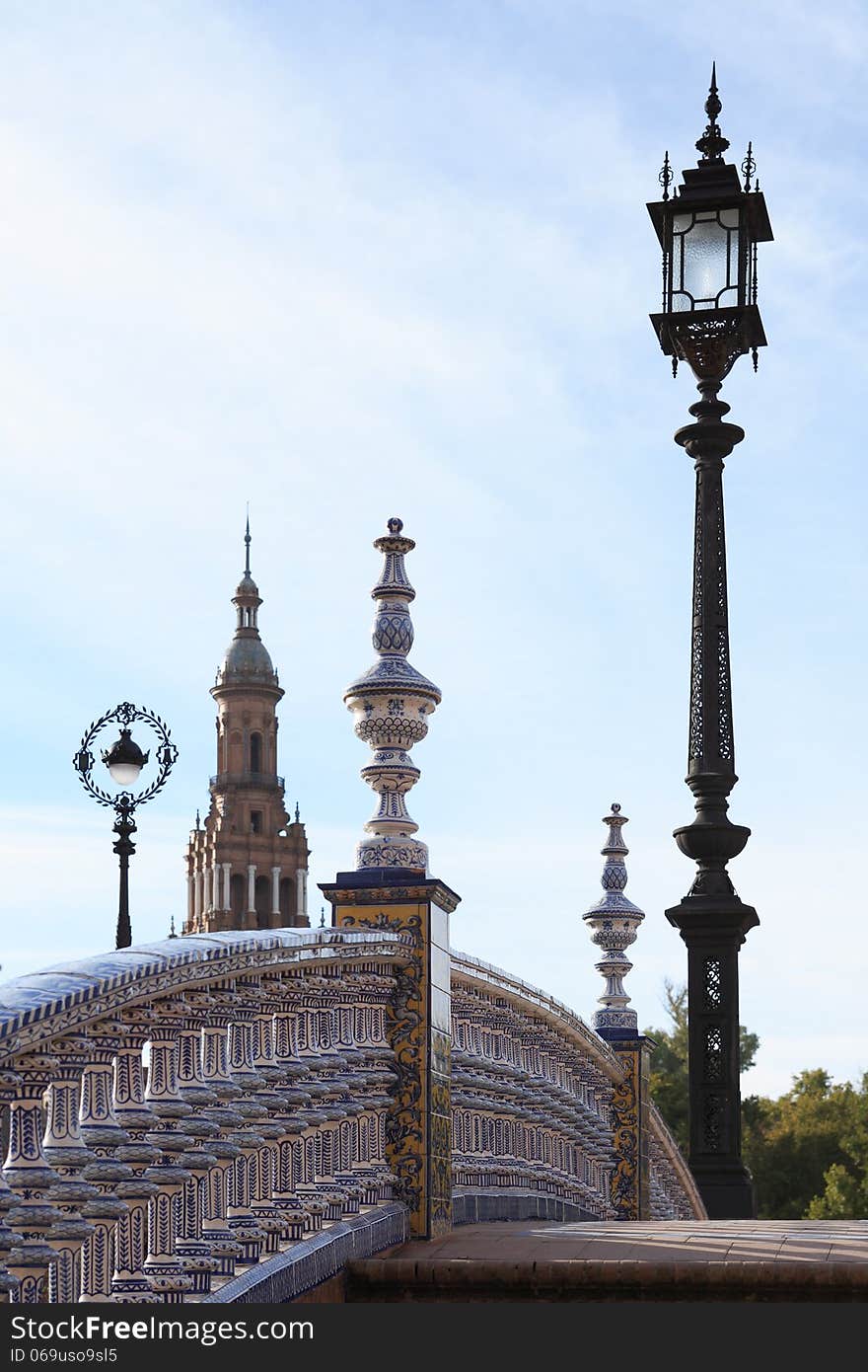 Nice small bridge and street lamps on Spain Square in Sevilla,Spain. Nice small bridge and street lamps on Spain Square in Sevilla,Spain