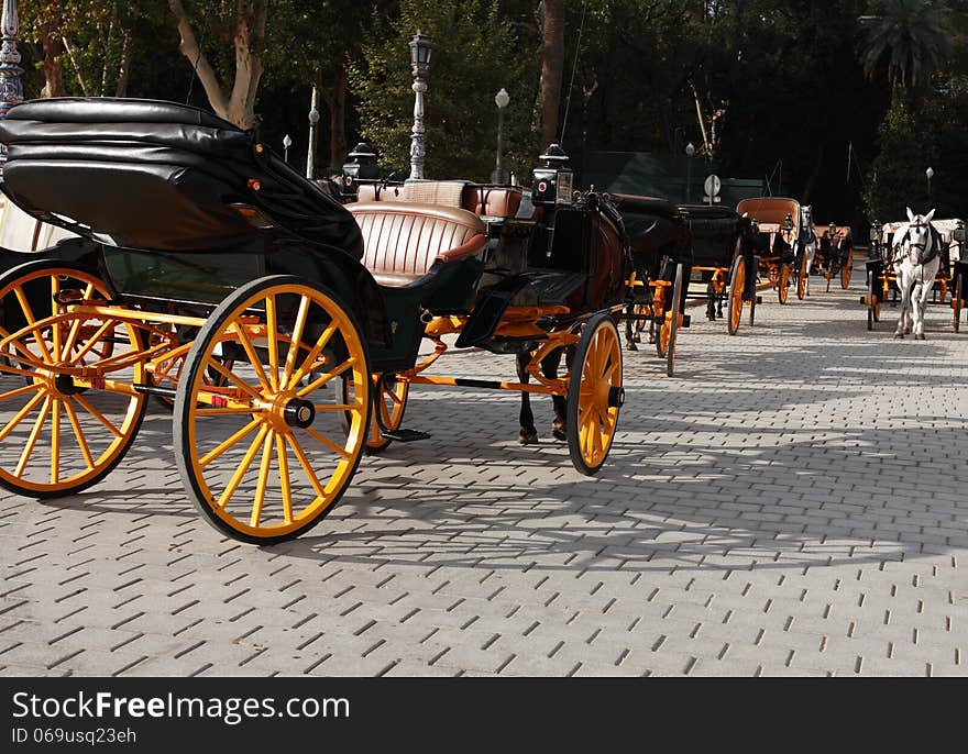 Few empty carriages with horses in park, Sevilla,Spain. Few empty carriages with horses in park, Sevilla,Spain