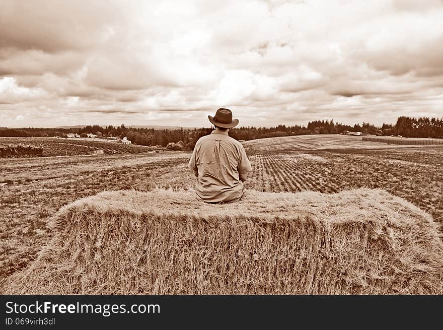 Man with cowboy hat sitting on bale of hay with sepia tone