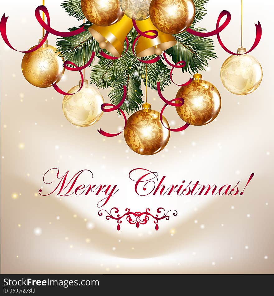 Beautiful Christmas background  with  shining baubles and bells