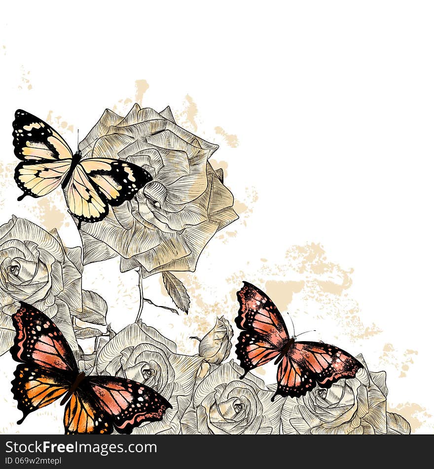 Beautiful Floral Background With Butterflies And Roses