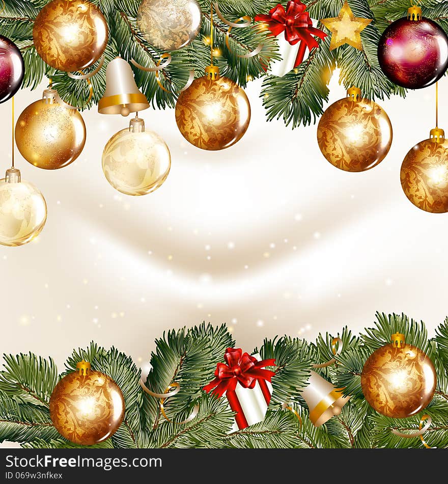 Christmas background  with  shining baubles on a fir tree branch