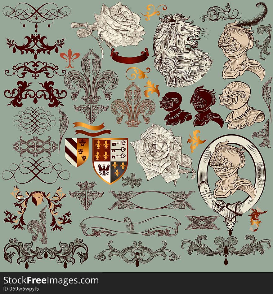 Collection of  heraldic elements and page decorations