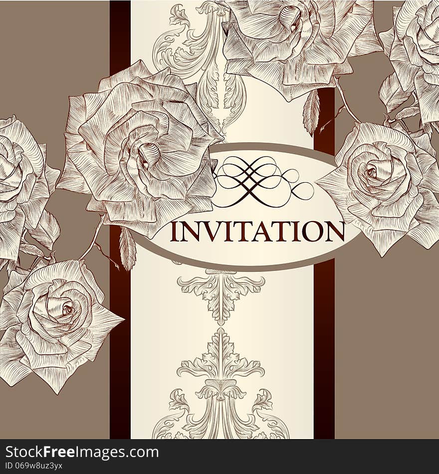 Elegant classic wedding invitation with roses. Retro. Elegant classic wedding invitation with roses. Retro