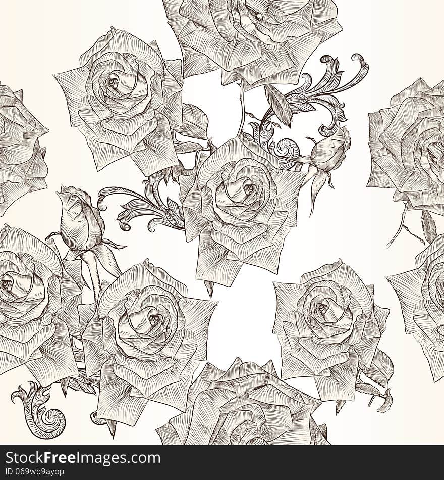 Vector seamless wallpaper pattern with roses flowers