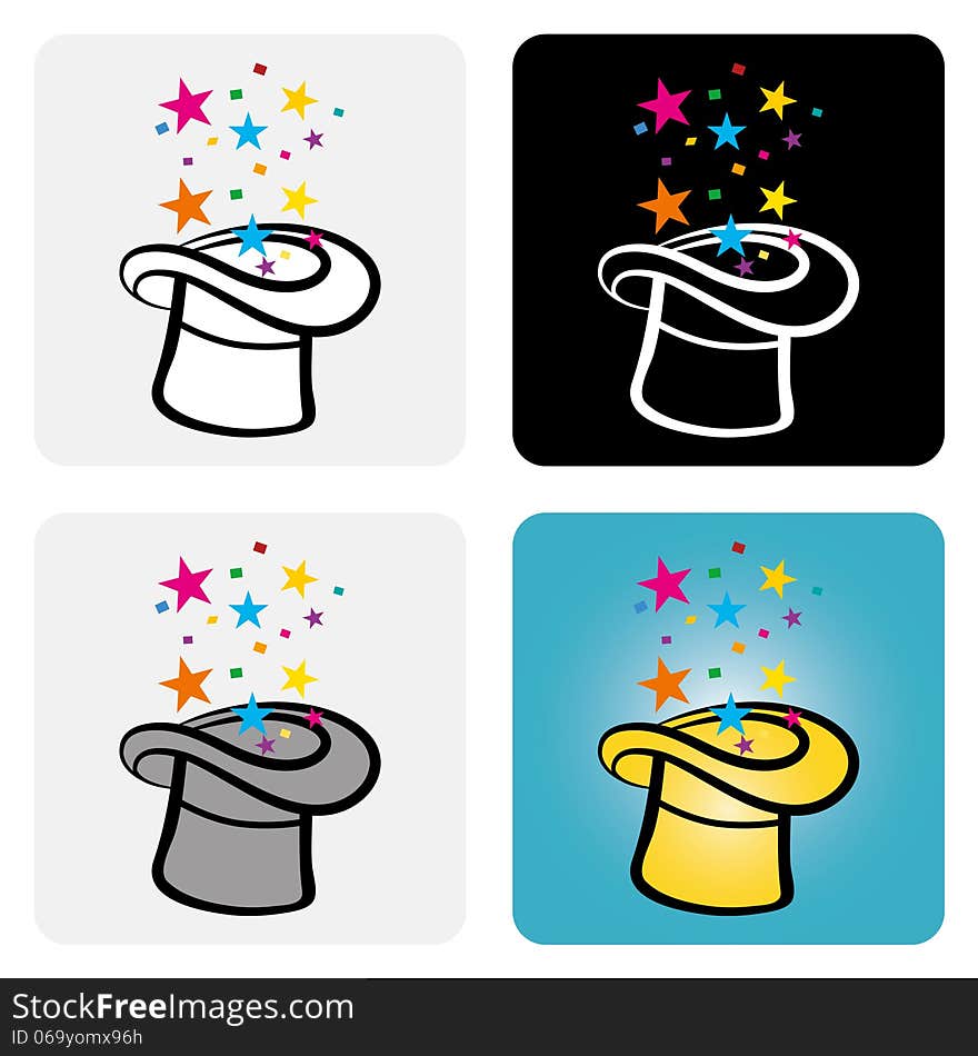 A color vector set of a magic tophat with stars popping out of it. A color vector set of a magic tophat with stars popping out of it.