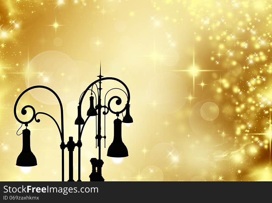 Christmas greeting card - white night with stars and street lamp