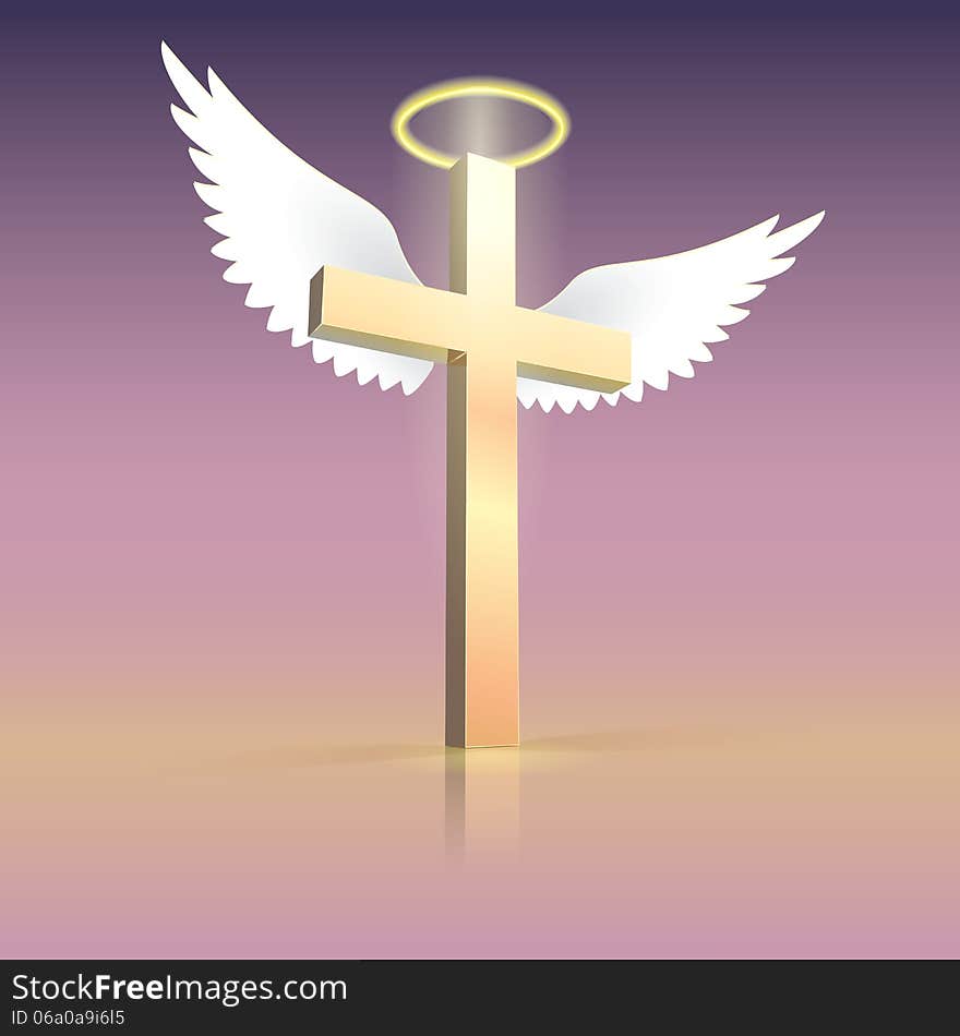 Angel wings nimbus and cross. Christian cross with spiritual light