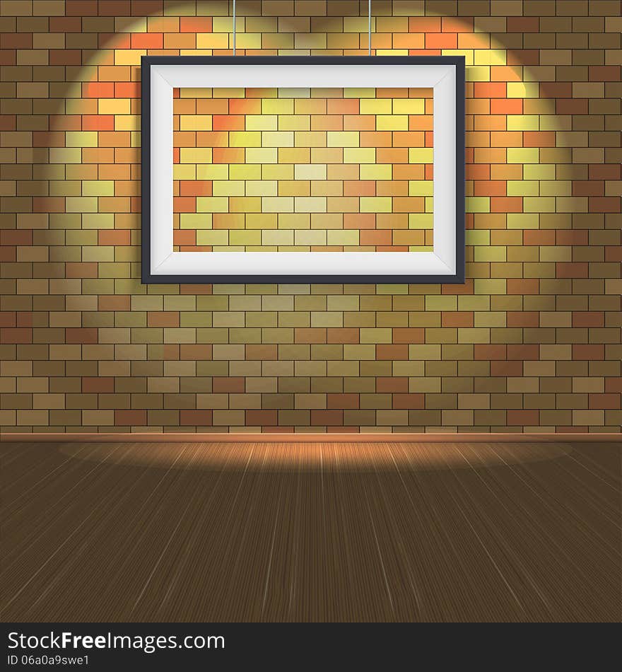 Brick wall with a empty frame and lighting, wood floors, vector illustration