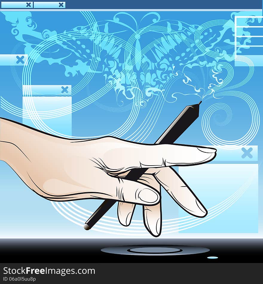 Illustration with grip pen in the hand above graphic tablet against digital sketch of butterfly on a computer screen. Illustration with grip pen in the hand above graphic tablet against digital sketch of butterfly on a computer screen