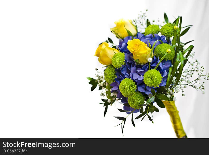 Bridal bouquet with blue Hydrangea and yellow roses. Bridal bouquet with blue Hydrangea and yellow roses