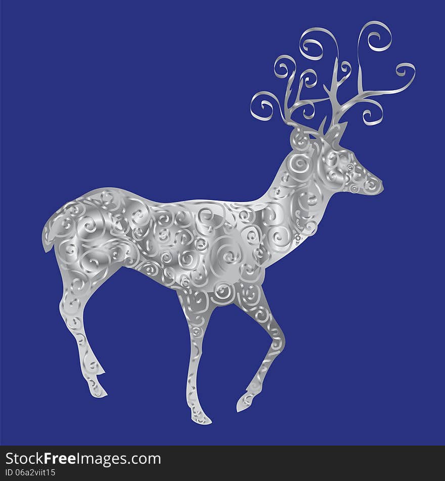 Silver silhouette of a deer on a blue background.