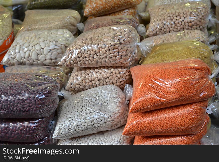 Market stand with set of legumes