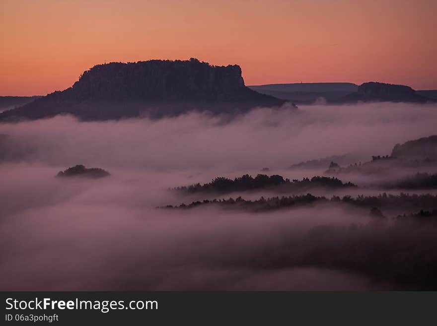 Landscape with fog in the valley.