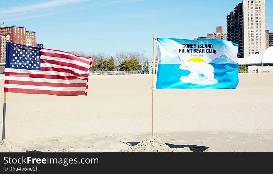 Two flags on the beach of Coney island ,on December ,flag of USA and flag of Polar bear club of swimmers who likes cold winter water of ocean. Two flags on the beach of Coney island ,on December ,flag of USA and flag of Polar bear club of swimmers who likes cold winter water of ocean