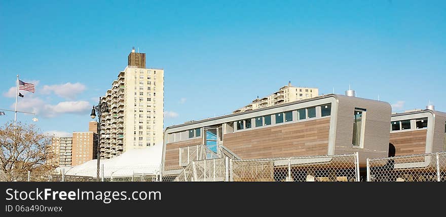 Modern life guard stations was constructed after superstorm in Coney Island ,New York. Modern life guard stations was constructed after superstorm in Coney Island ,New York