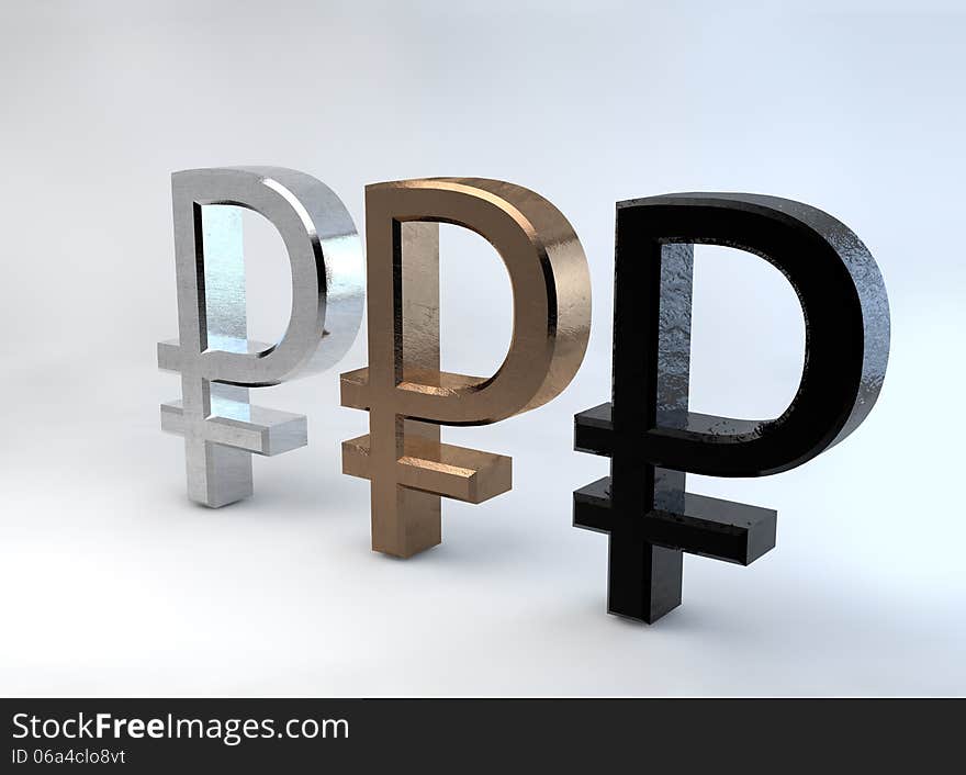 3d render of three rouble signs platinum dirty gold and oil or black metal