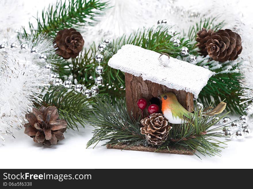 Composition with Christmas decorations, tinsel and fir branches