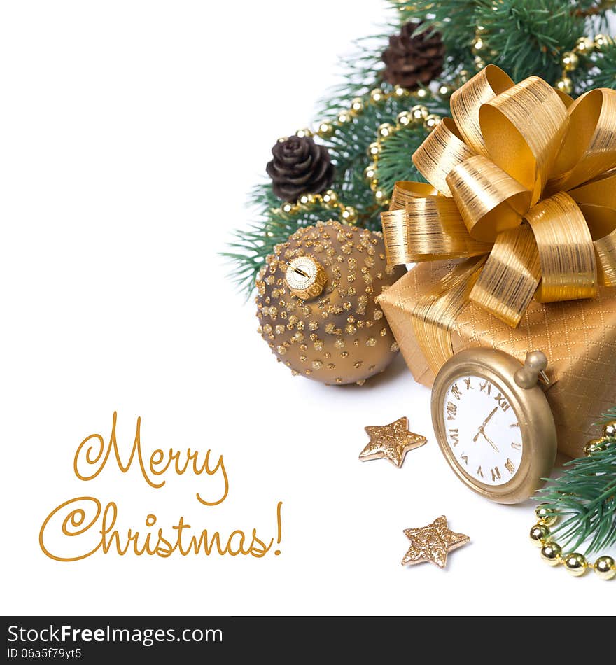 Composition with golden gift box and decorations, isolated