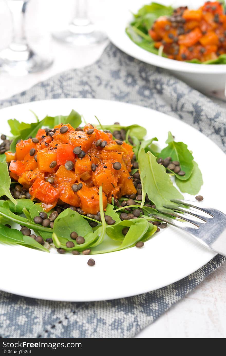 Salad With Arugula, Black Lentils And Vegetable Stew, Close-up