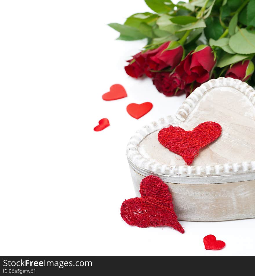 Wooden box, red hearts and roses for Valentine's Day, isolated. Wooden box, red hearts and roses for Valentine's Day, isolated