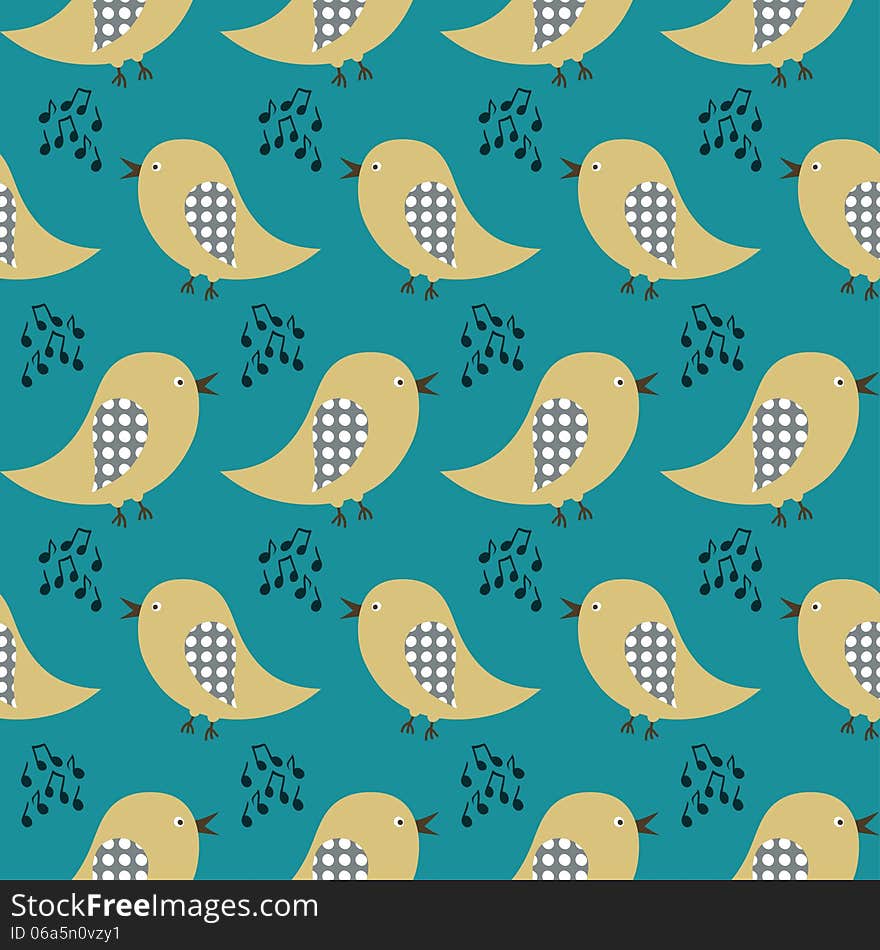 Seamless pattern with singing birds on a dark back