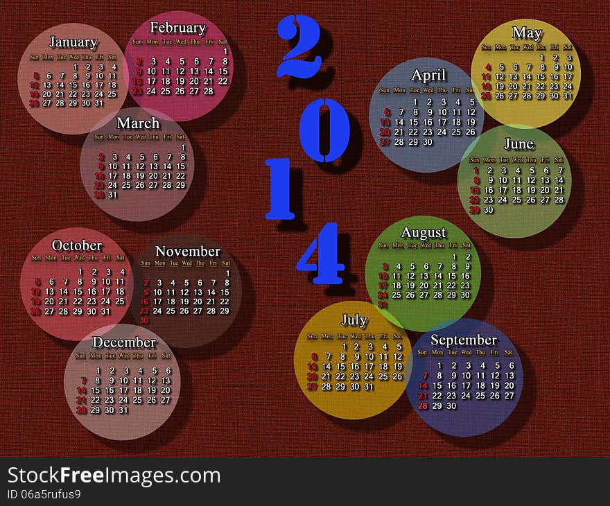 Accurate calendar for 2014 year on the brown background