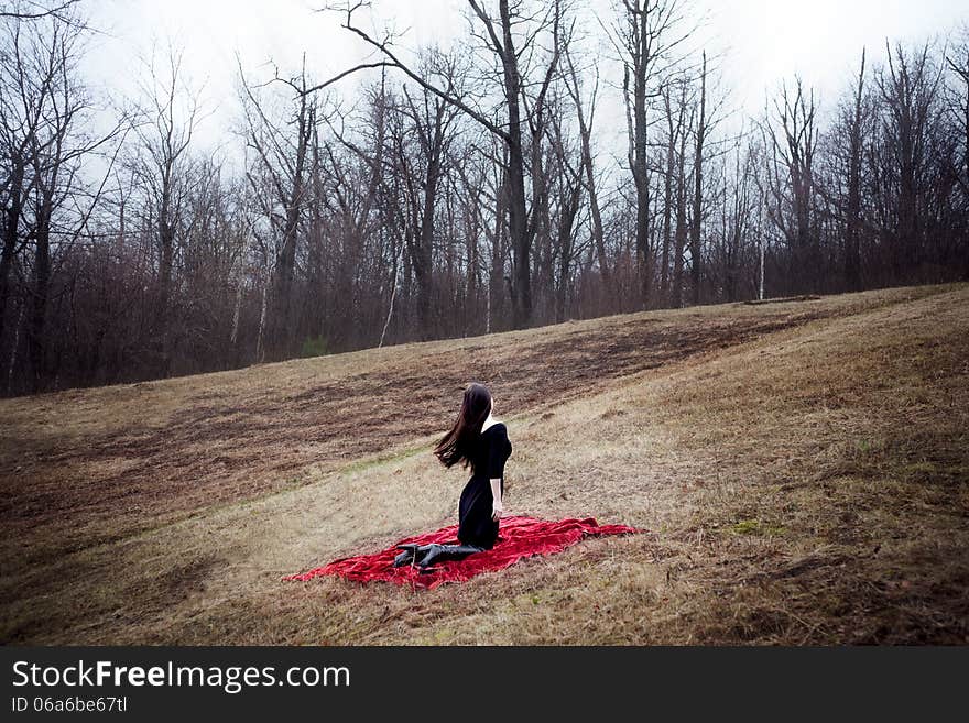 Woman In Black Dress And Long Hair Sitting On Red Carpet In Cold Forest