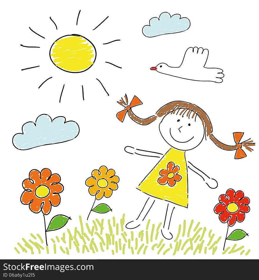 Childish Cartoon Drawing of a girl on a meadow