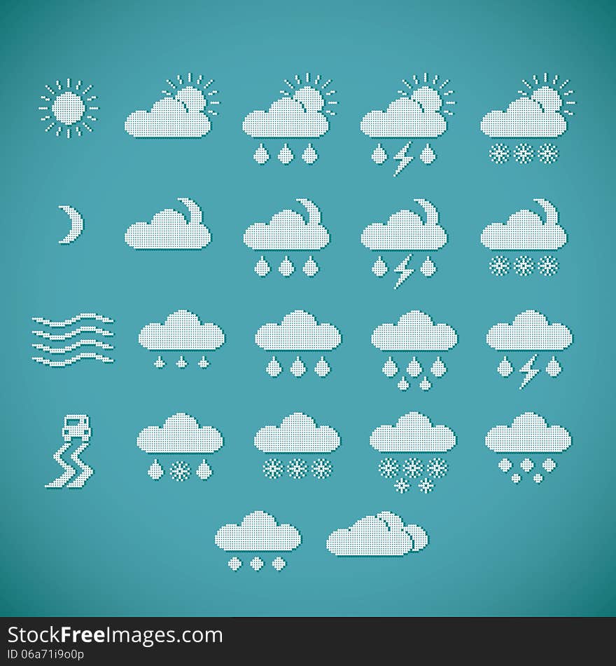 Pixel weather icons on blue vintage background. Pixel weather icons on blue vintage background