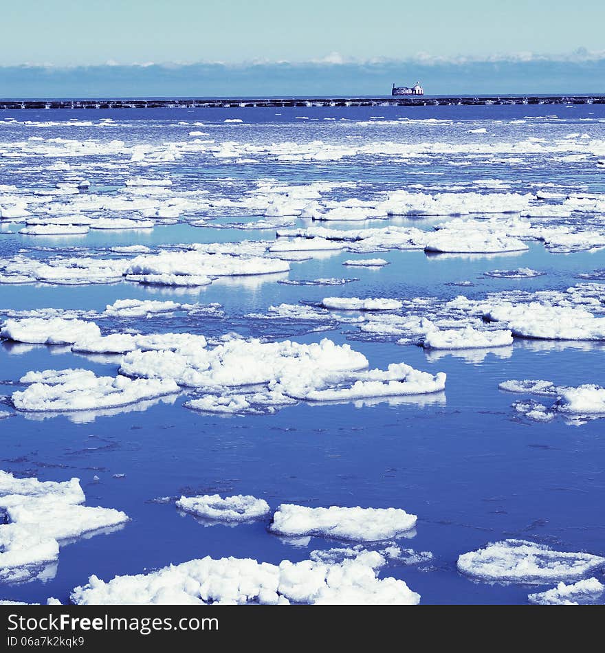 Winter view on the Lake. Lake Michigan at winter time.