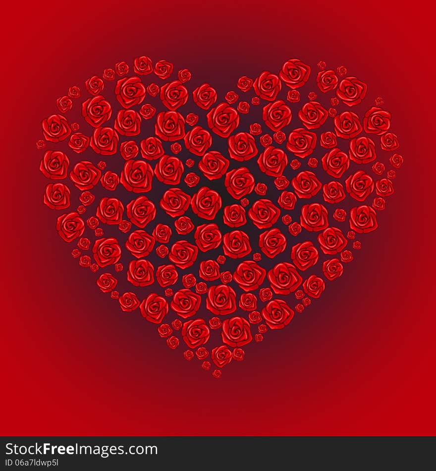 Roses in the shape of a heart on a red background. Roses in the shape of a heart on a red background