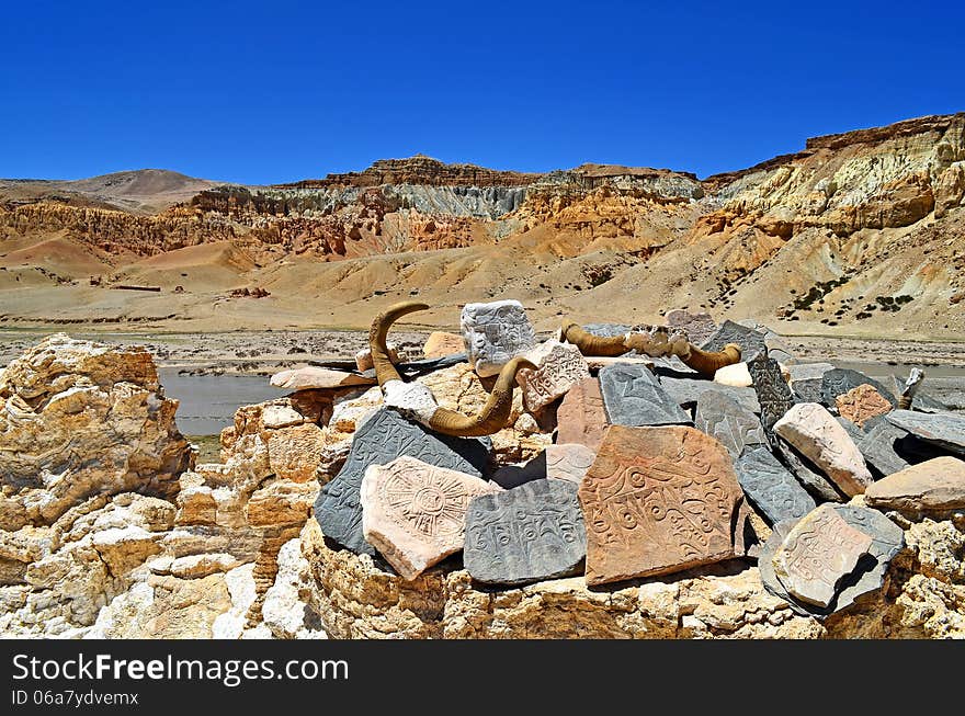 Tibet. In the Buddhist monastery on the rocks written prayers