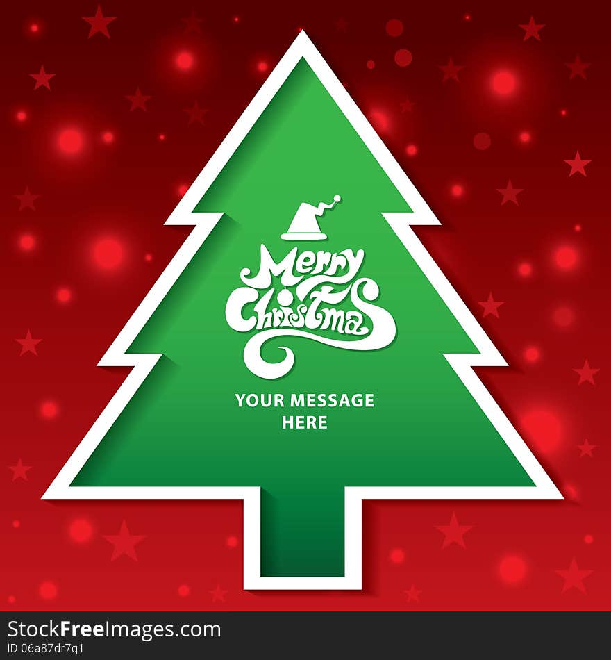 Green Christmas tree on red background for your message. illustration