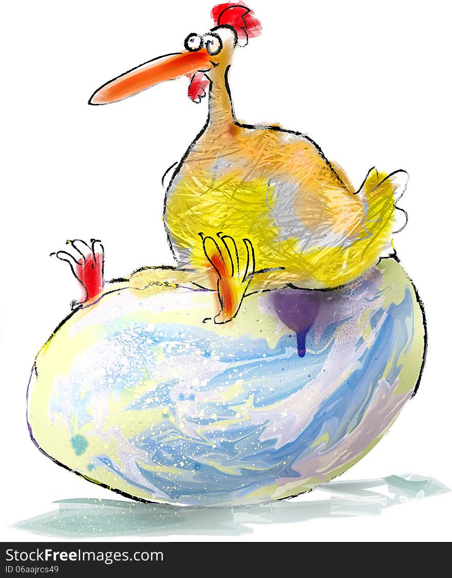 Colourful cartoon chicken sitting on an egg. Colourful cartoon chicken sitting on an egg