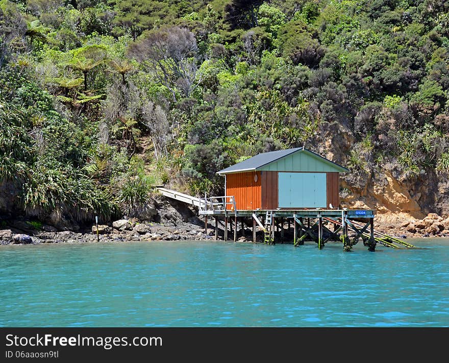 Boat House in The Marlborough Sounds, New Zealand.