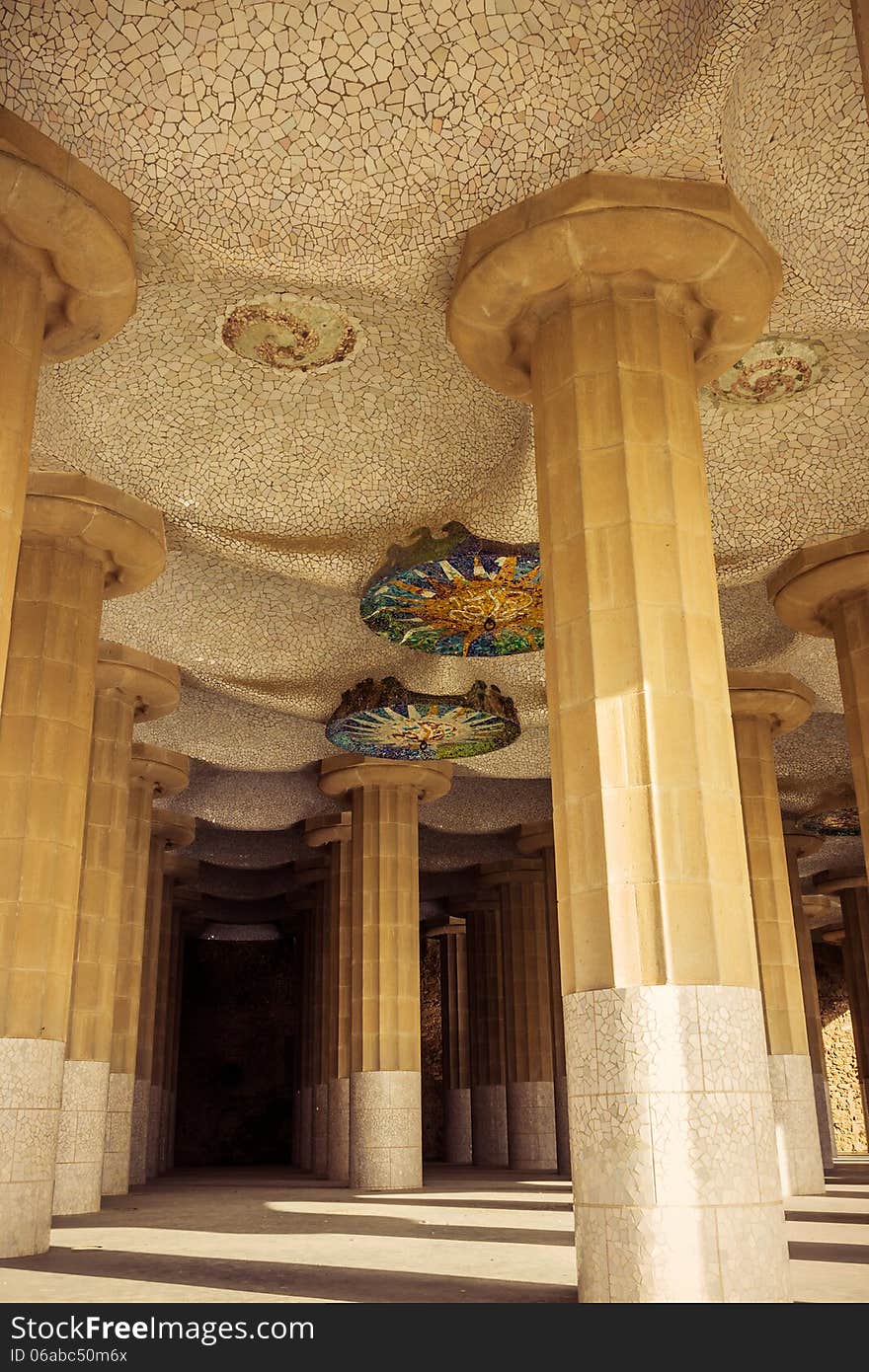 Ceiling of the common-room one hundred column in the park Guell, Barcelona. Catalonia. Spain Vintage retro style