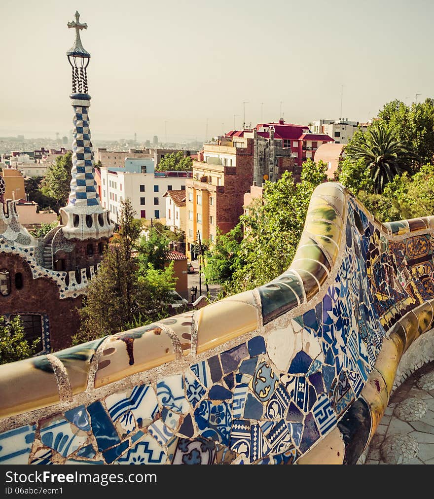 Mosaic Bench In Barcelona. Catalonia, Spain