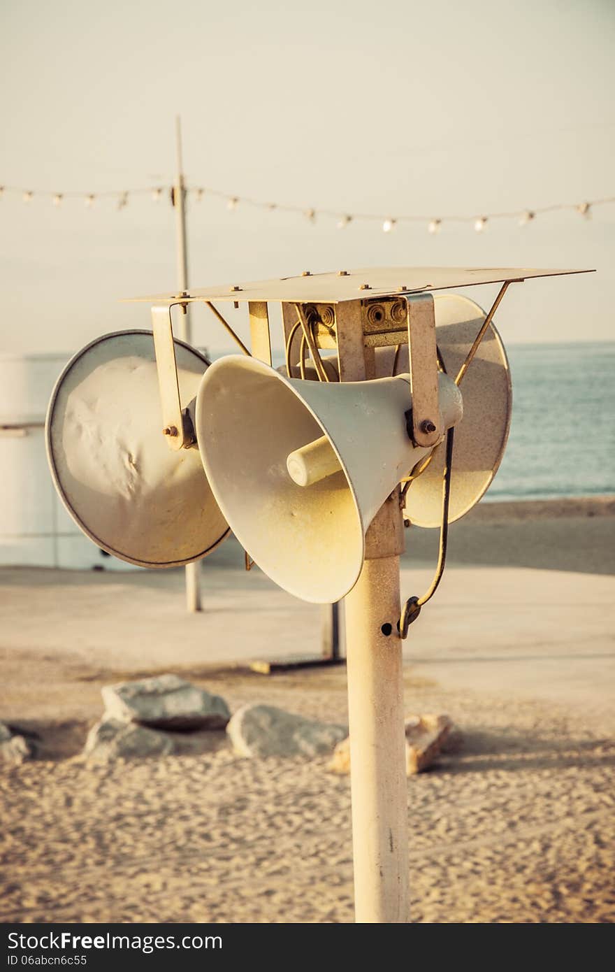 Megaphone in Beach Barcelona. Catalonia, Spain. Vintage retro style