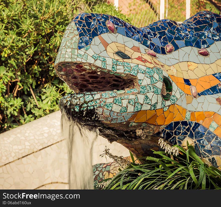 Lizard in Park Guell in Barcelona, Spain.Vintage retro style