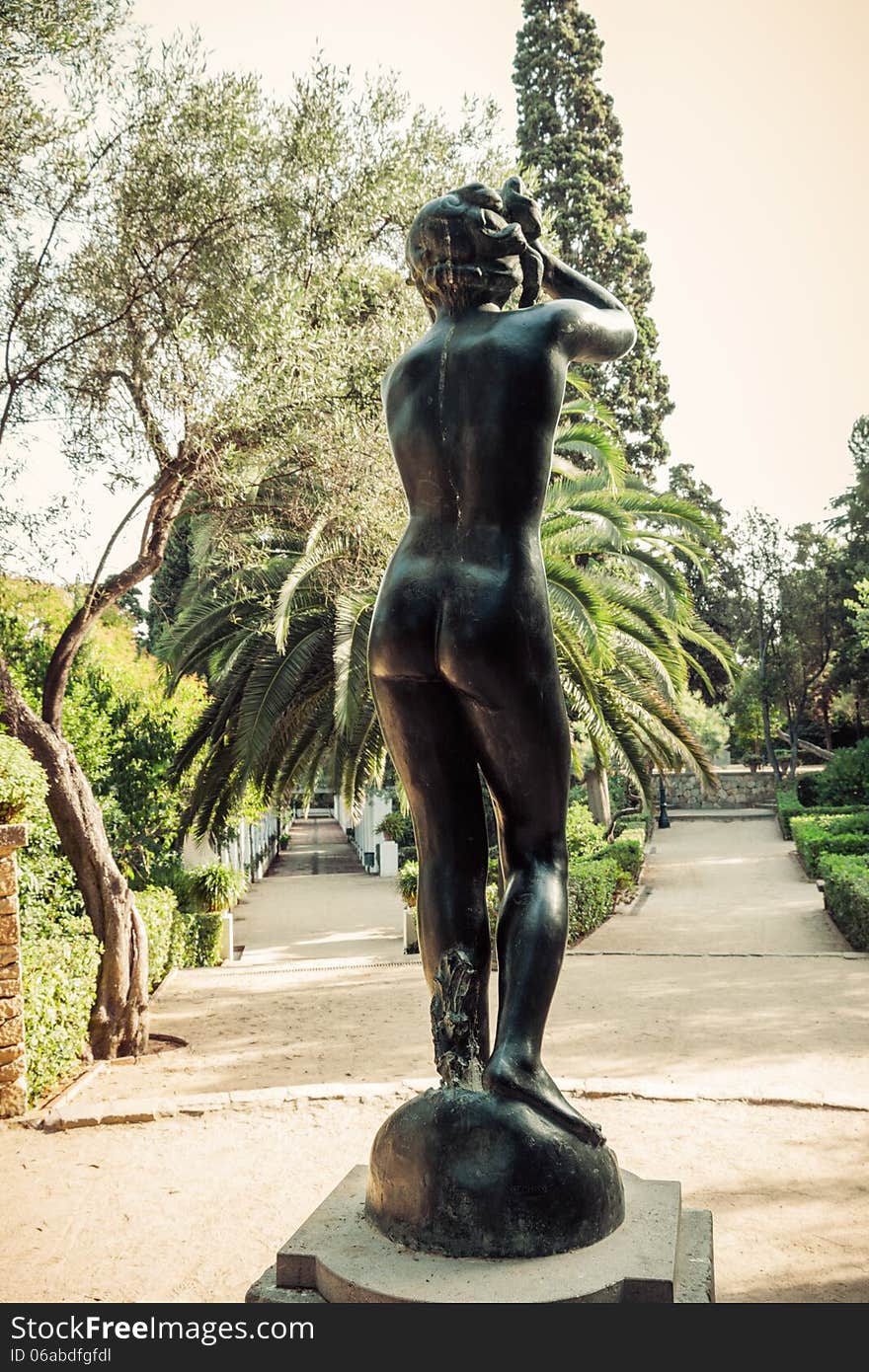 Sculpture and monument in Barcelona. Catalonia, Spain. Vintage retro style