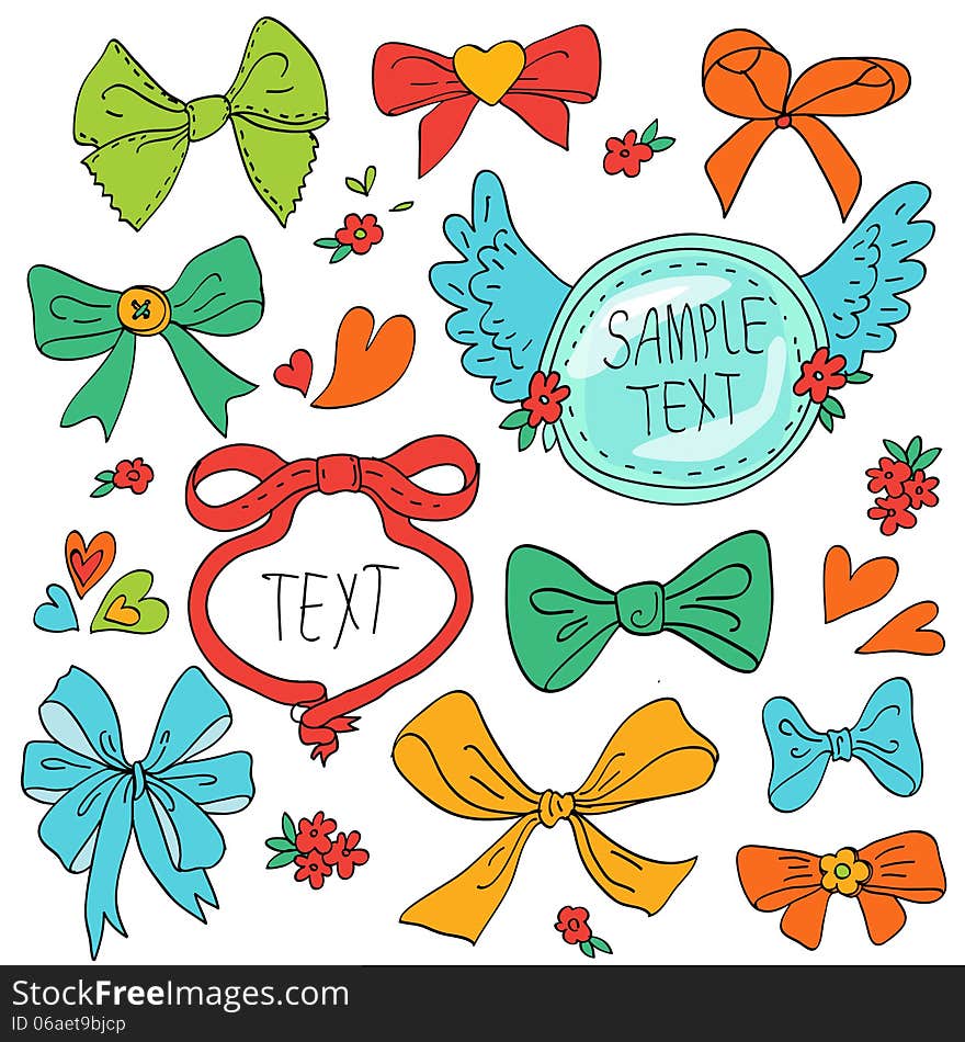 Bow set hand drawn with label. Colorful vector doodle illustration for girls. Bow set hand drawn with label. Colorful vector doodle illustration for girls.